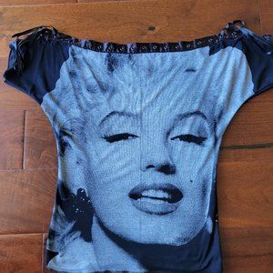 Unique off the shoulder cropped top with image of Marilyn Monroe on the front